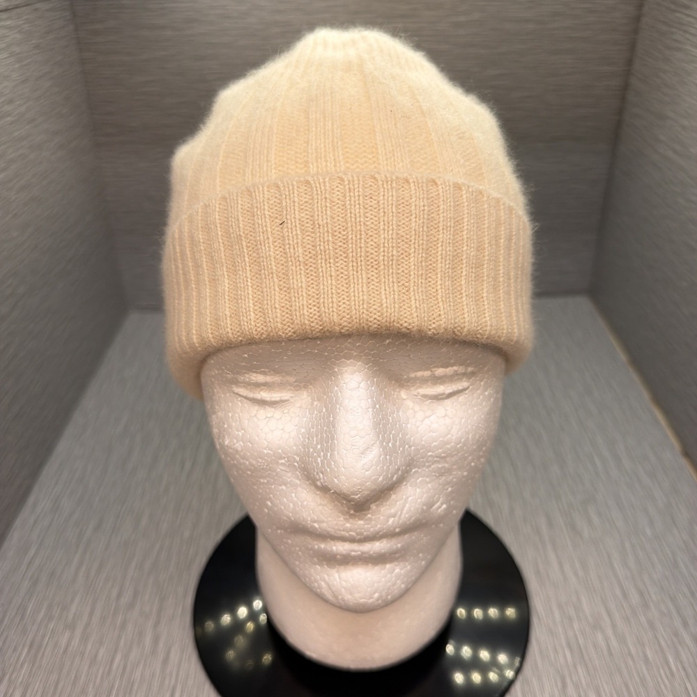 Saks Fifth Avenue 100% Cashmere Beanie Hat Beige Knit Winter Cap One Size